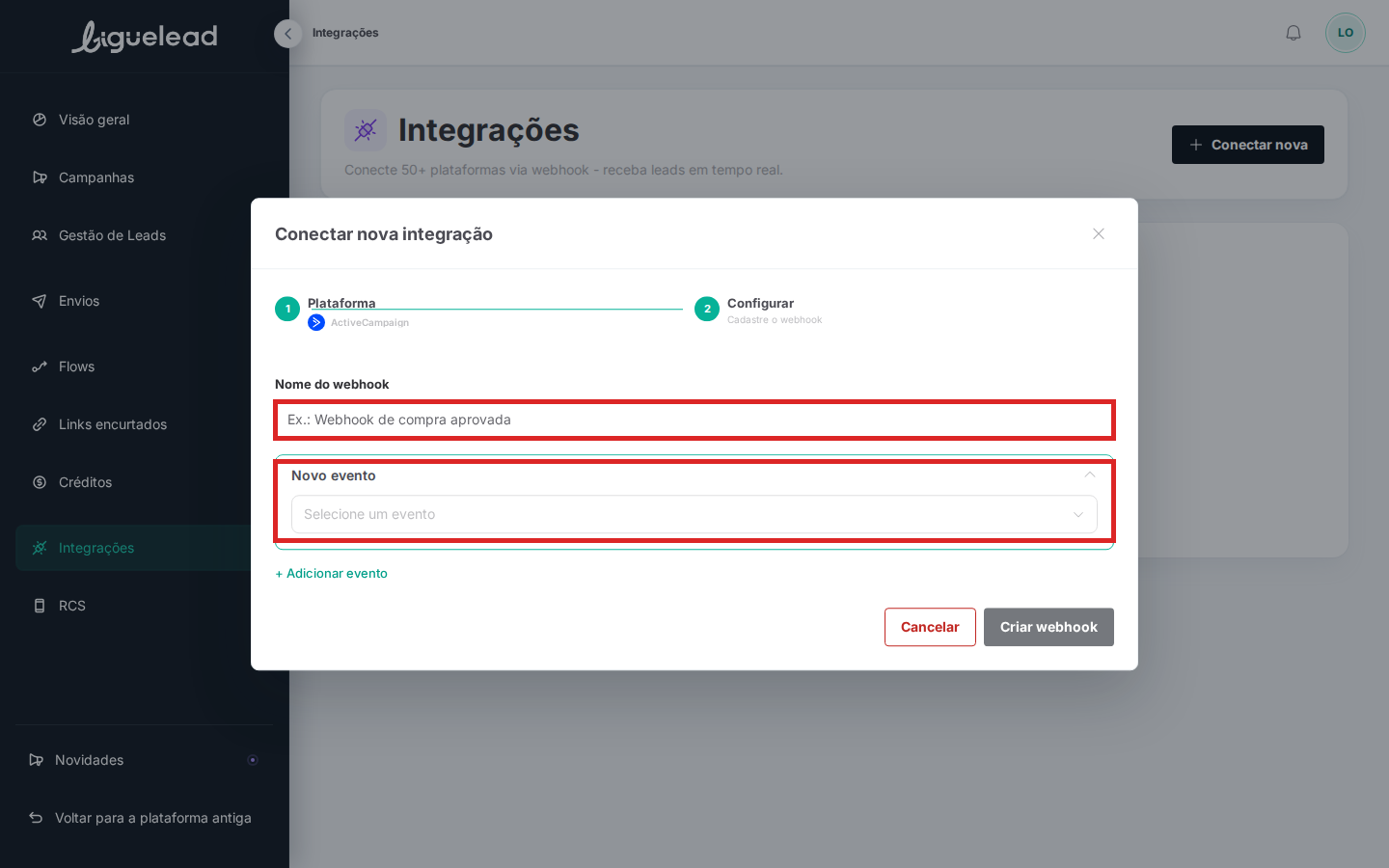 Wizard passo 2 — configurar primeiro webhook do ActiveCampaign com campos Nome do webhook e Novo evento destacados