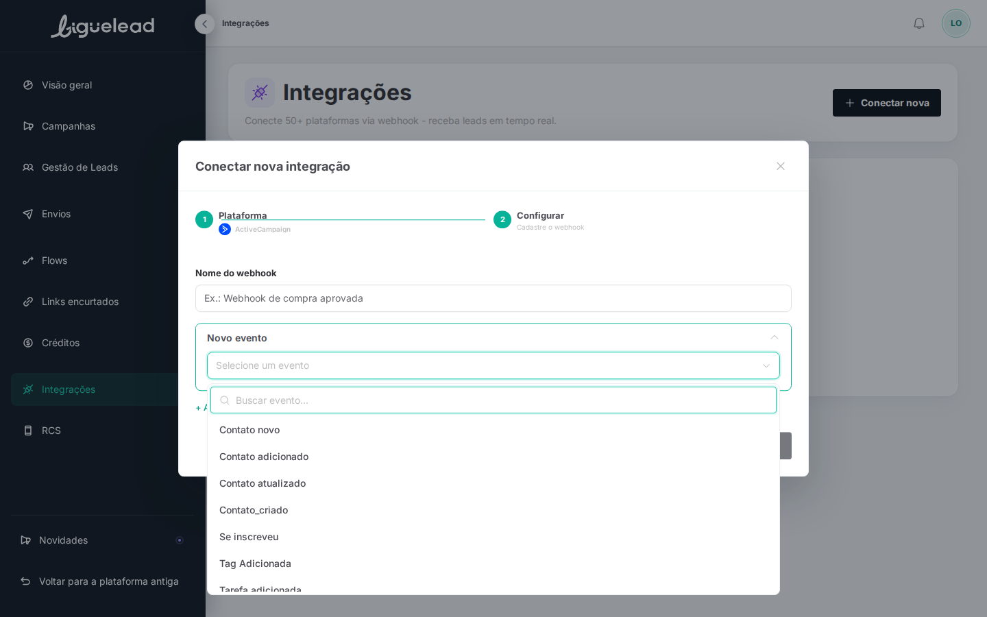 Dropdown Selecione um evento — 7 eventos disponíveis: Contato novo, Contato adicionado, Contato atualizado, Contato_criado, Se inscreveu, Tag Adicionada, Tarefa adicionada