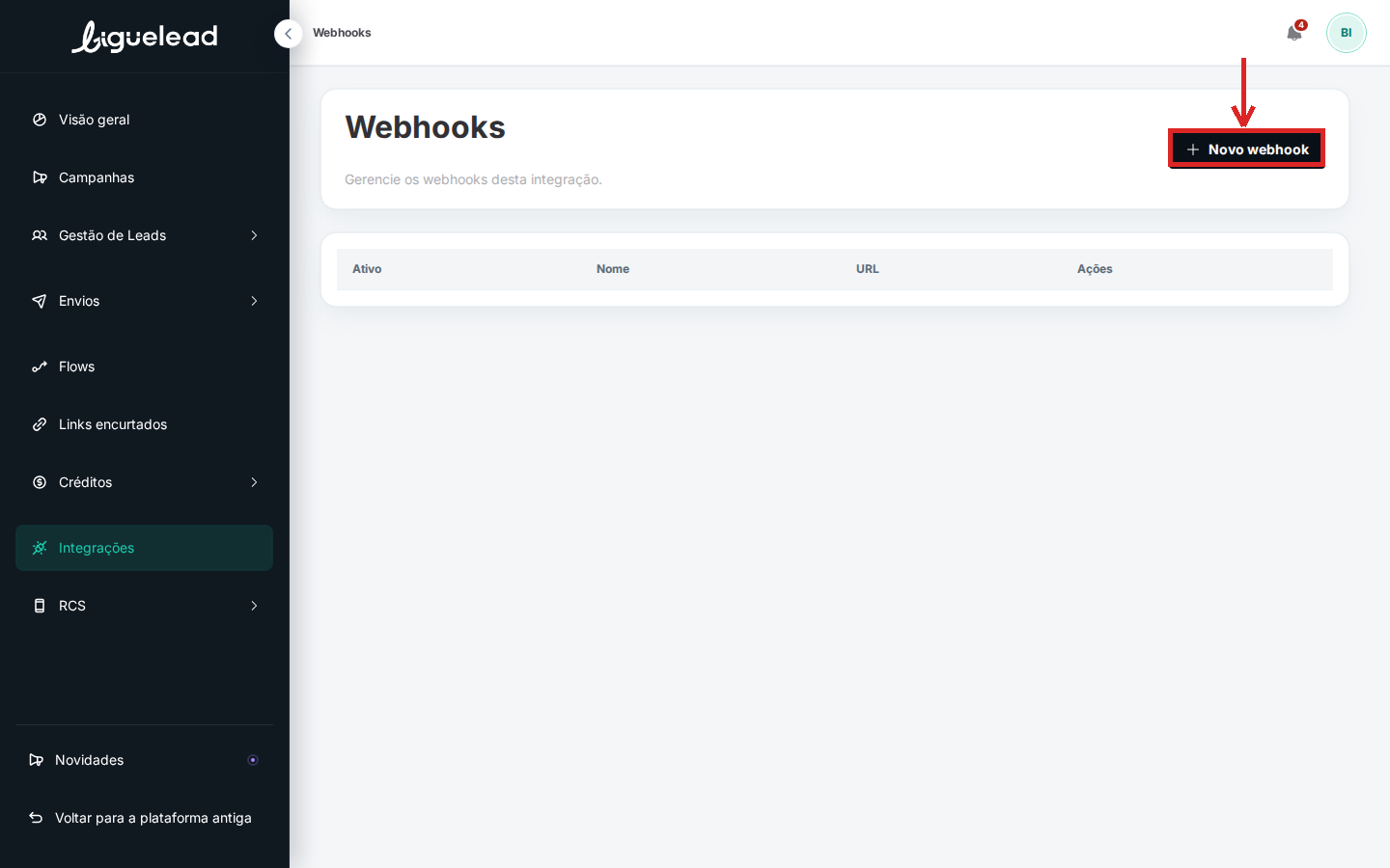 Tela de webhooks da integração ActiveCampaign com o botão Novo webhook destacado