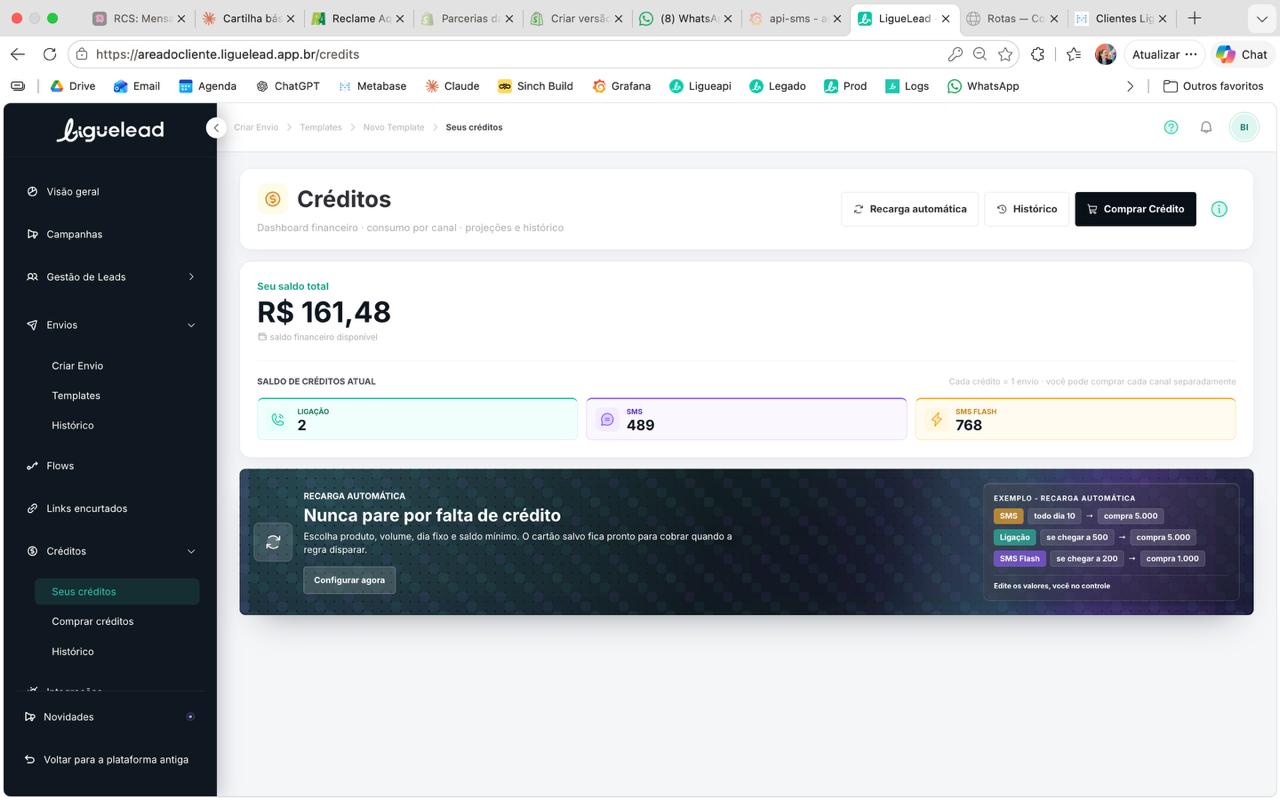 Tela de créditos com banner de recarga