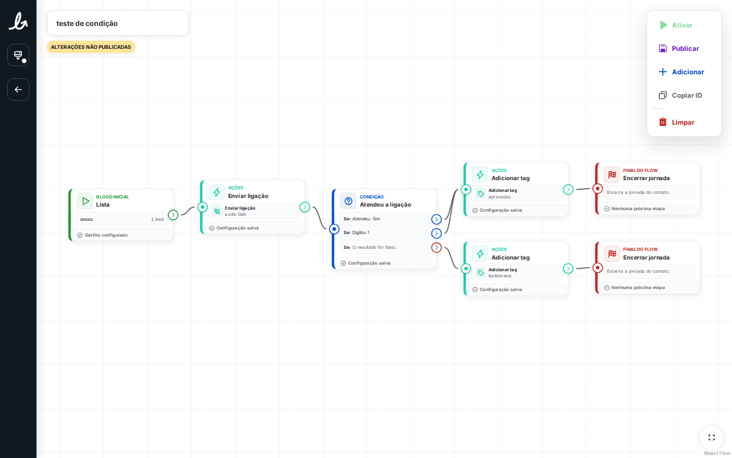 Editor de flow — visão geral com painel lateral direito