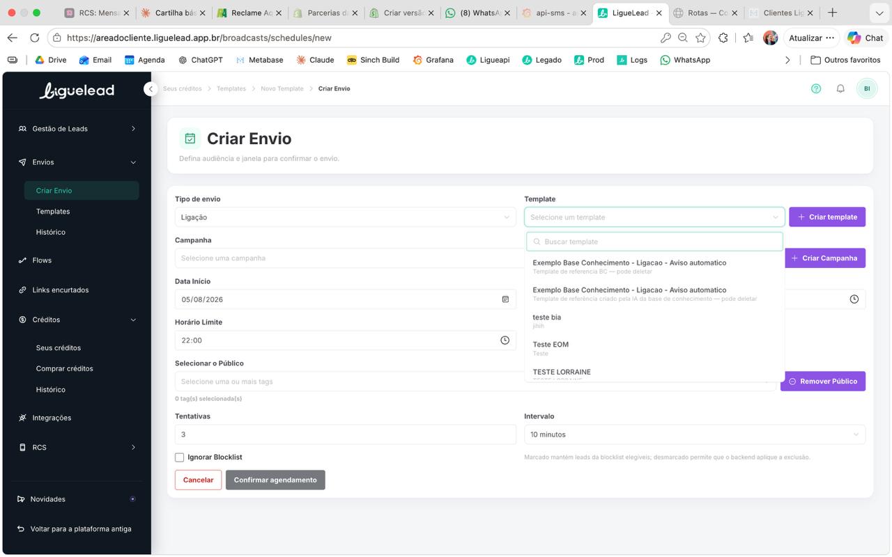 Dropdown Template aberto listando templates disponíveis