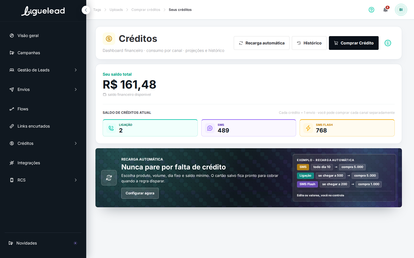 Tela Meus créditos