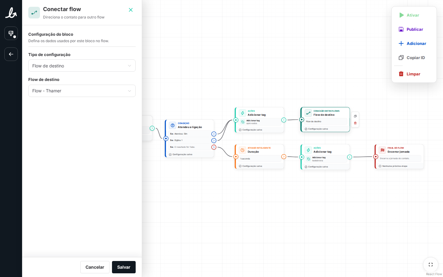 Painel de configuração do bloco Conexão entre flows
