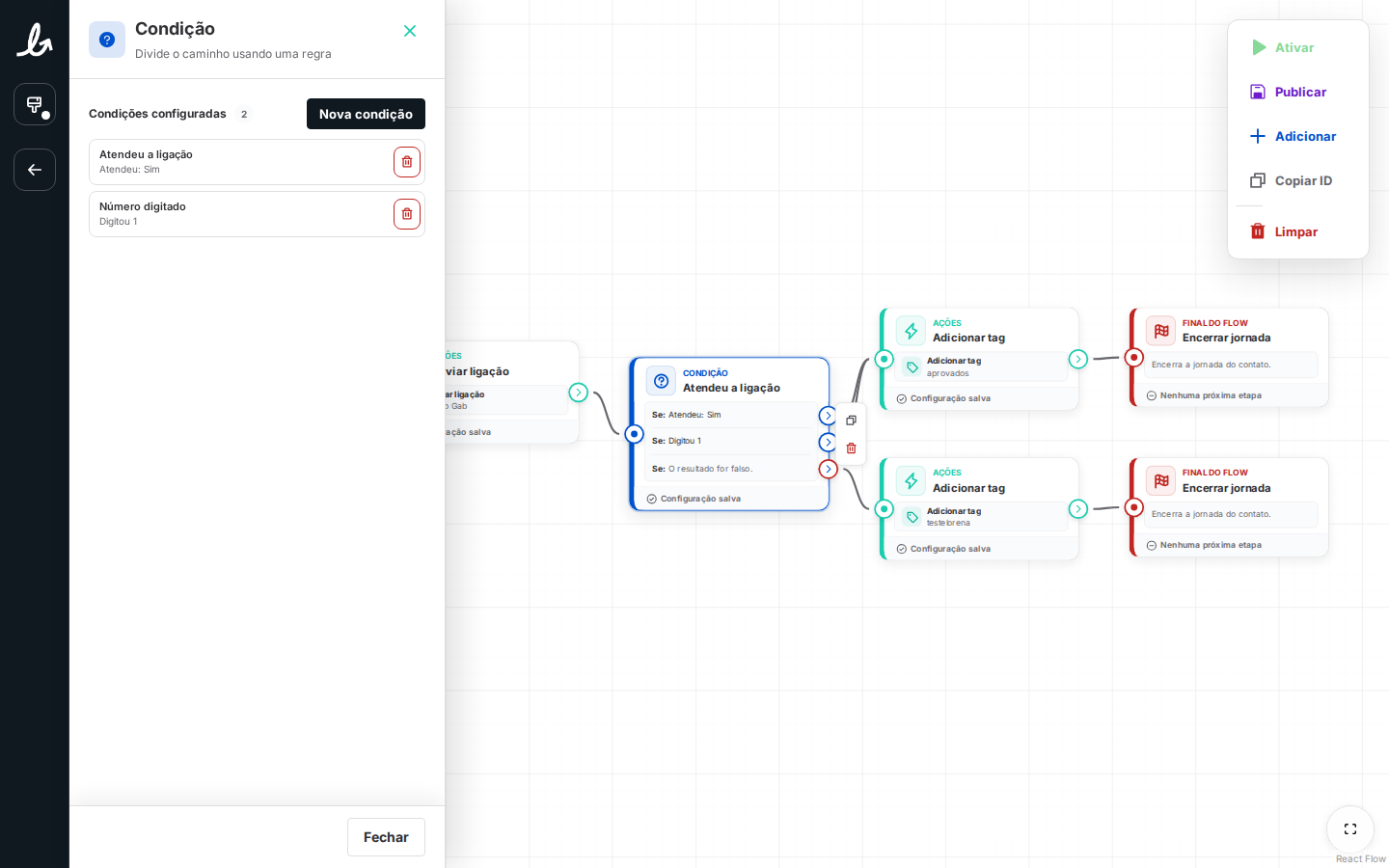 Painel de configuração do bloco Condição