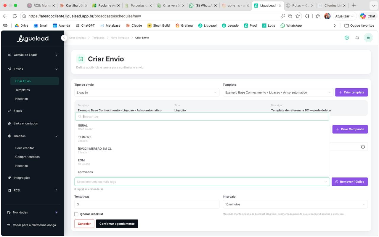 Dropdown de tags aberto com contador de leads por tag