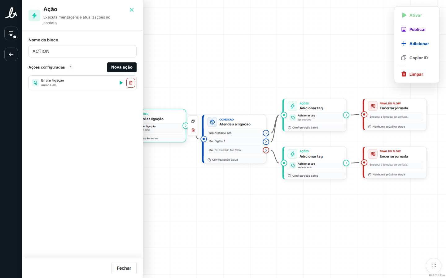 Painel de configuração do bloco Ações