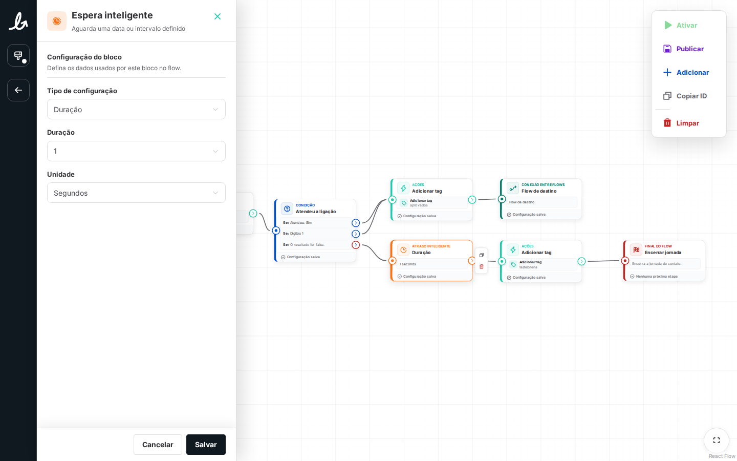 Painel de configuração do bloco Atraso inteligente