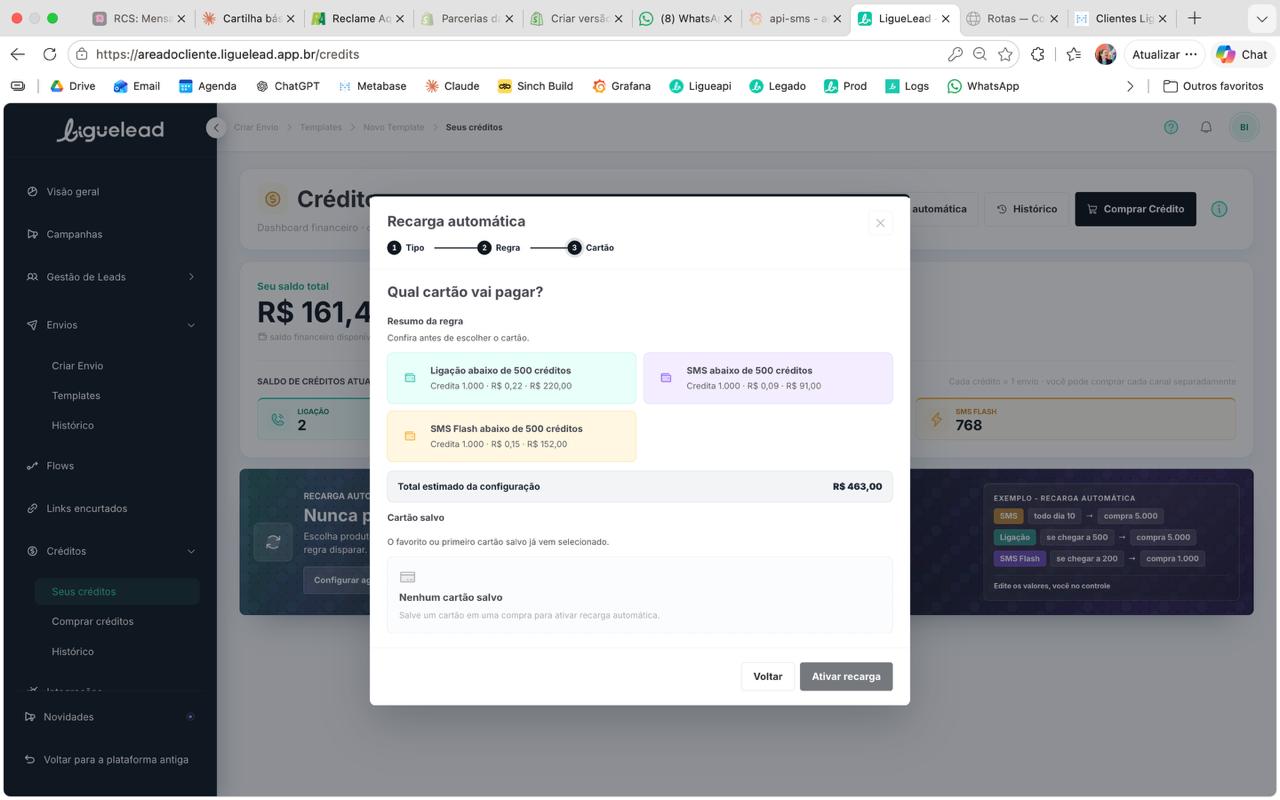 Passo 3 Cartão — configuração Saldo mínimo
