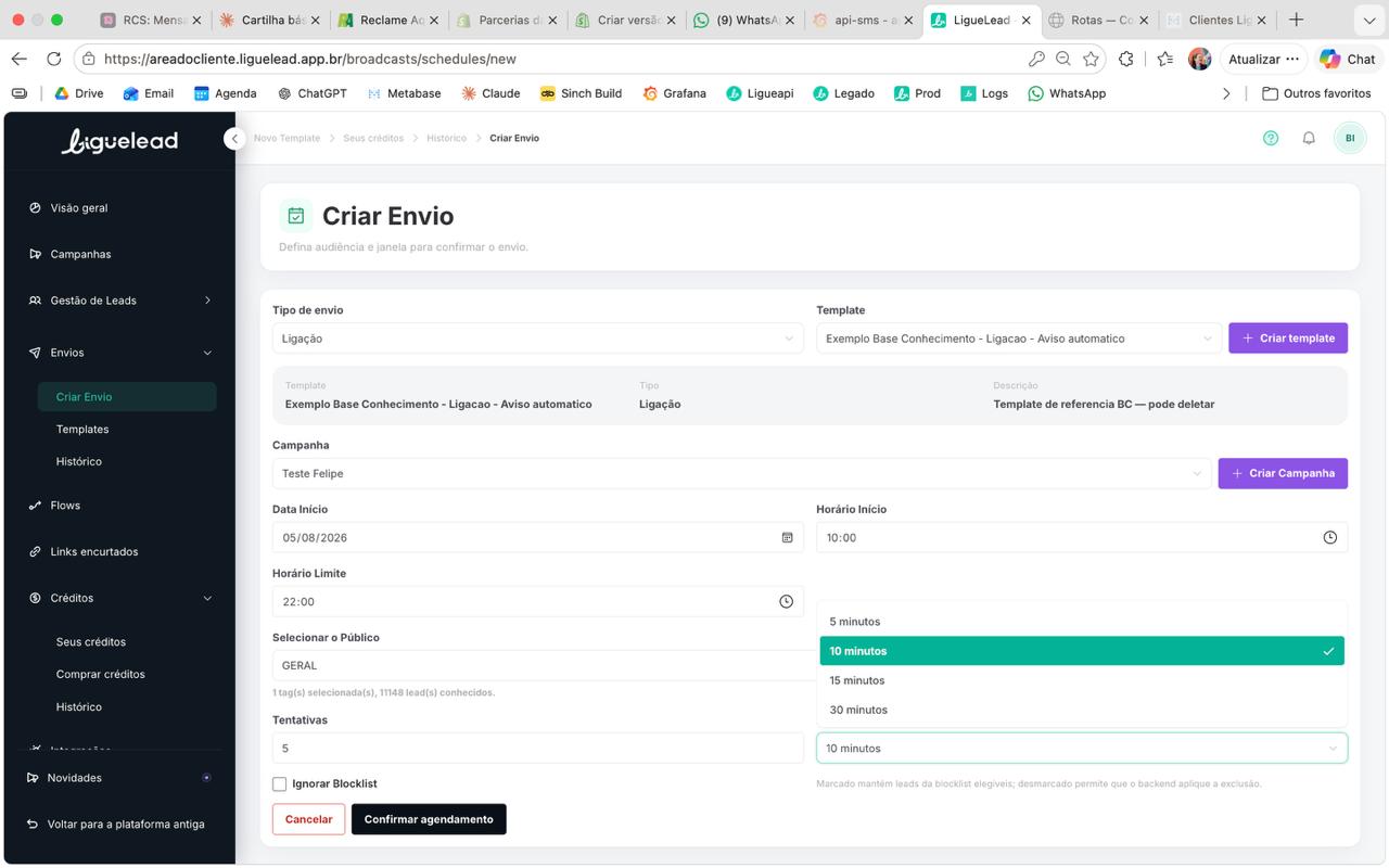Dropdown Intervalo aberto mostrando as 4 opções: 5, 10, 15 e 30 minutos