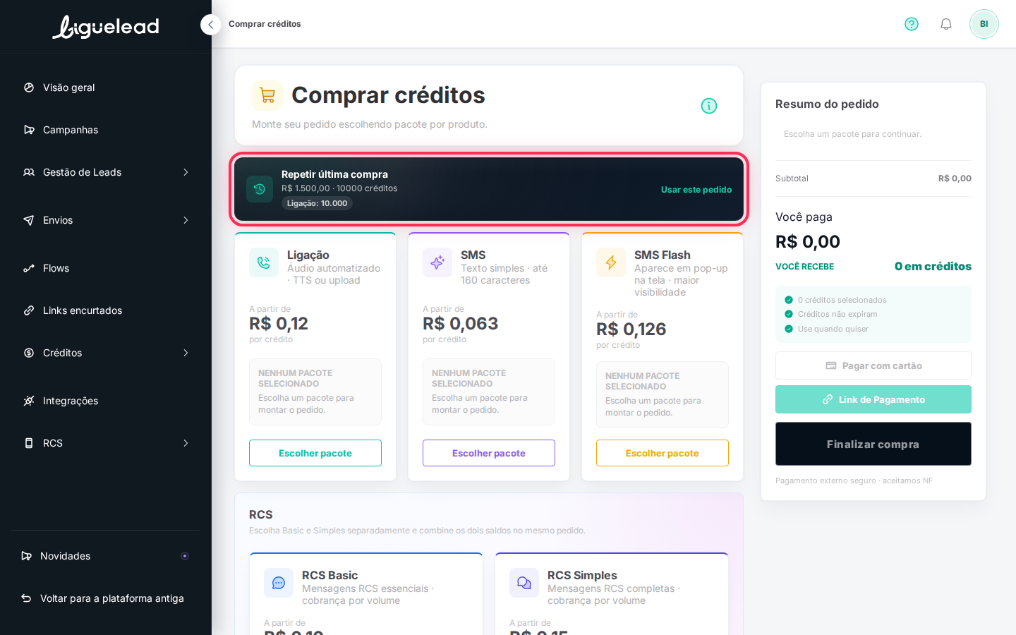 Botão Escolher pacote