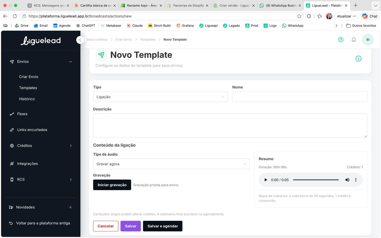 Gravar agora — botão Iniciar gravação + Resumo com gravação pronta