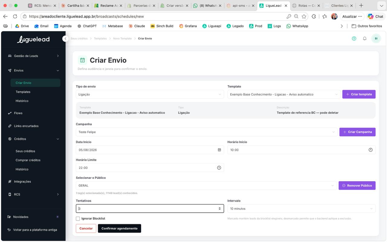 Formulário Criar Envio totalmente preenchido — exemplo com Ligação usando um template de exemplo, campanha "Teste Felipe", data/hora atuais, tag "GERAL" (11.148 leads), 3 tentativas com intervalo de 10 minutos