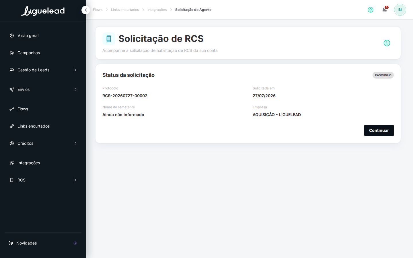 Tela Solicitação de RCS