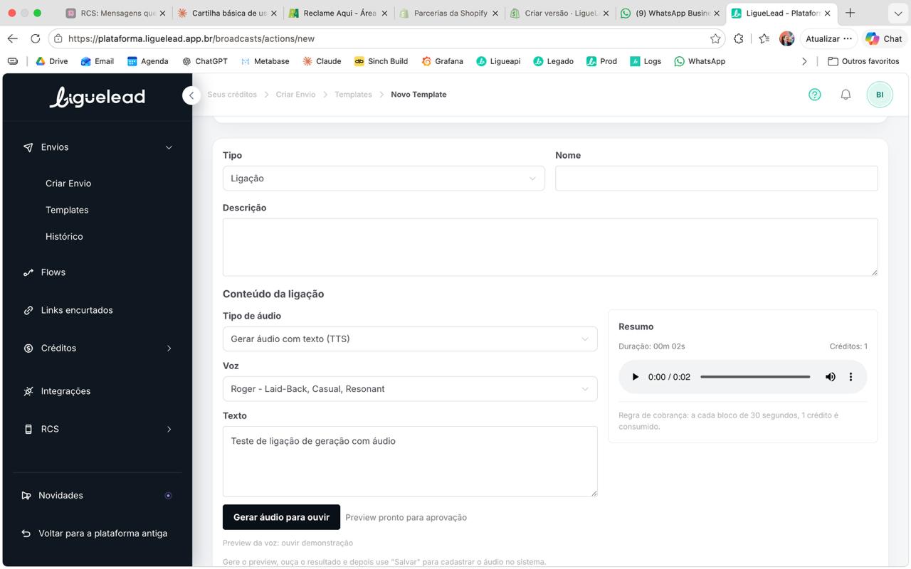 TTS depois de gerar o preview — Resumo com Duração + Créditos + player, status "Preview pronto pra aprovação"