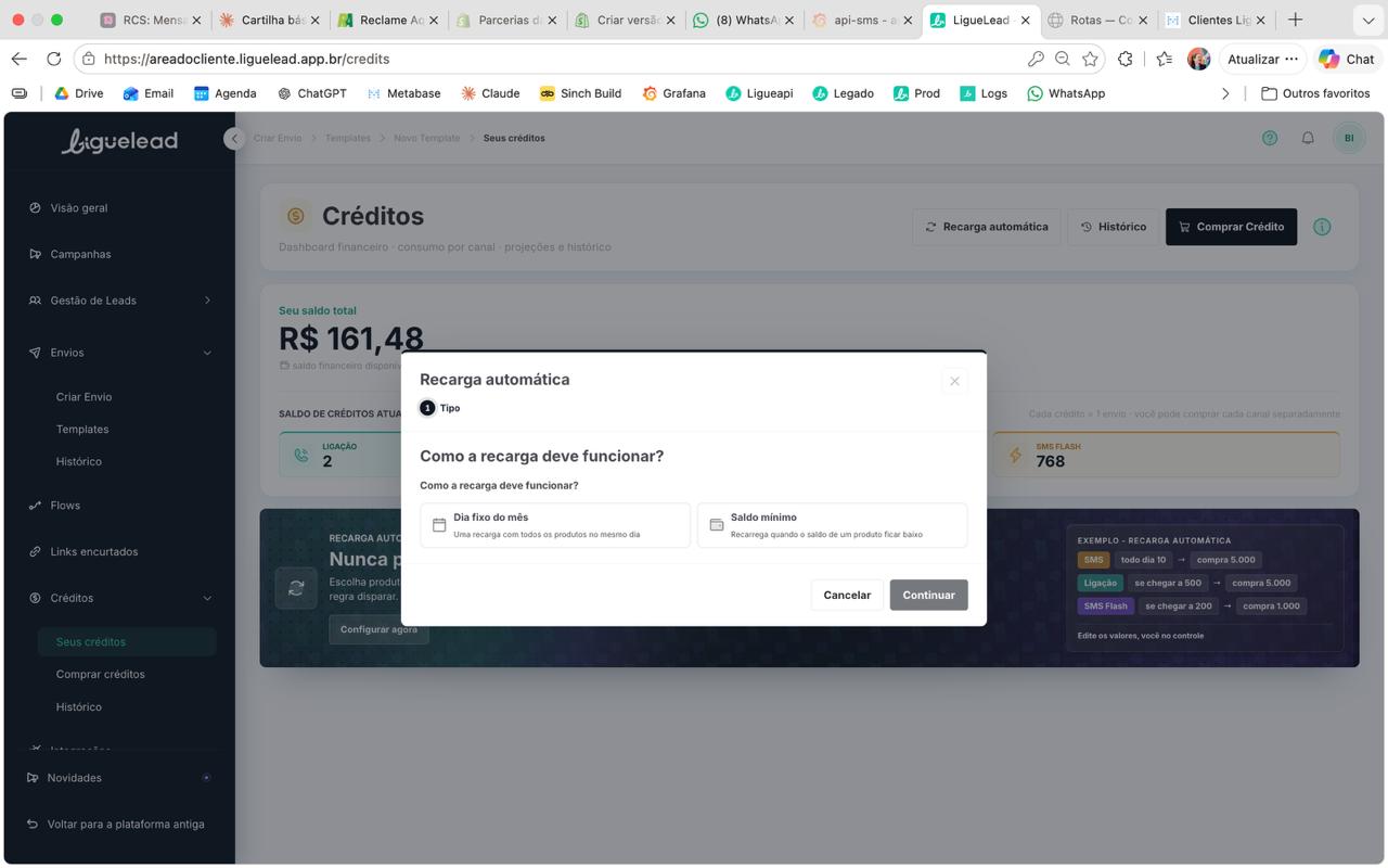 Modal Recarga automática — passo 1 Tipo