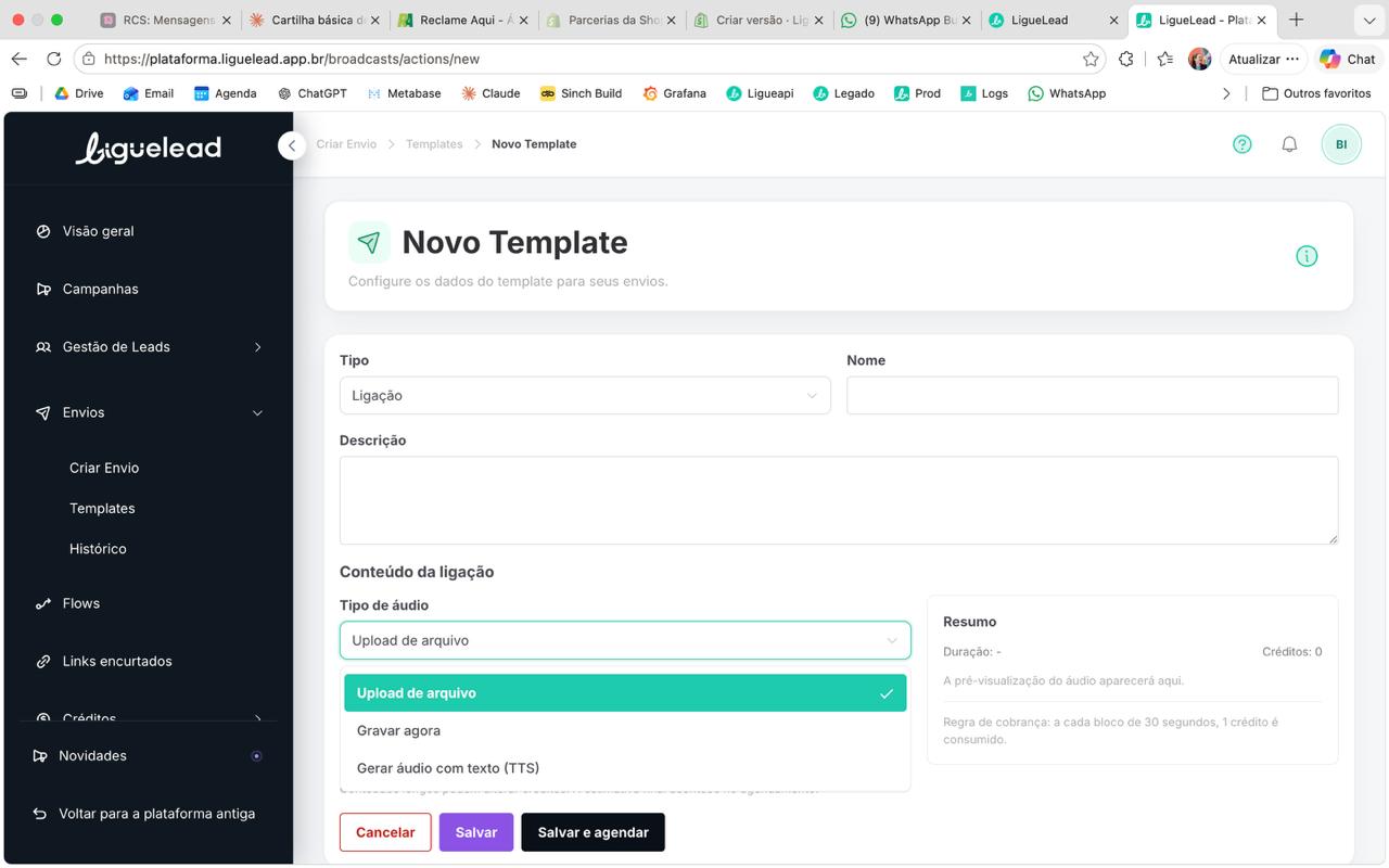 Dropdown Tipo de áudio aberto com as 3 opções