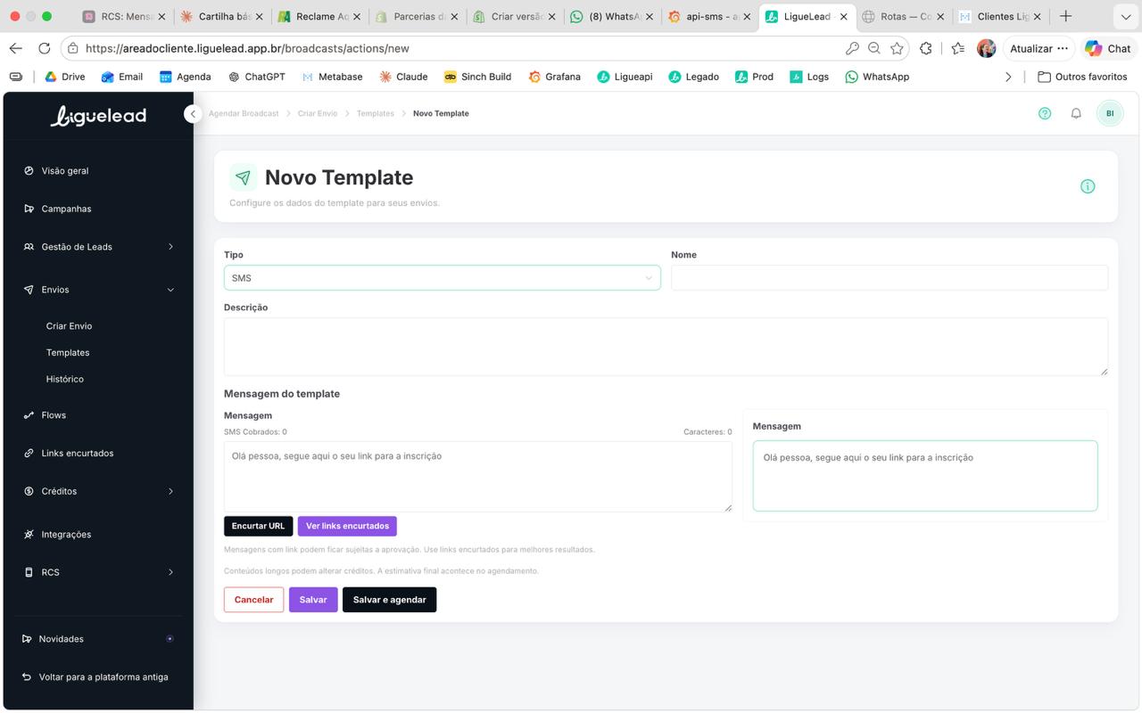 Tela Novo Template com tipo SMS selecionado