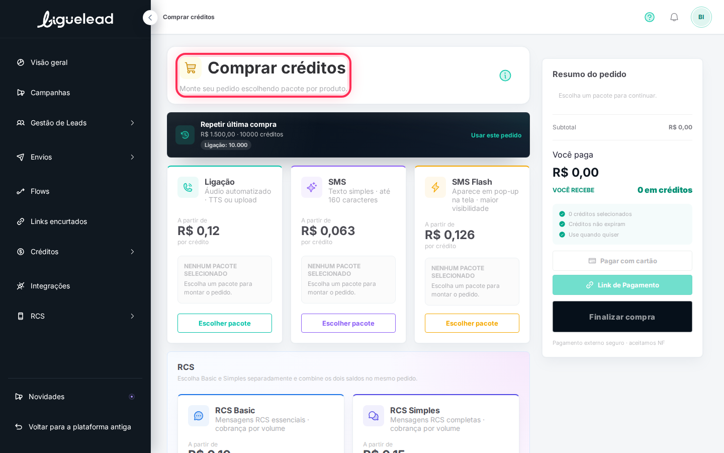 Cabeçalho da tela Comprar créditos
