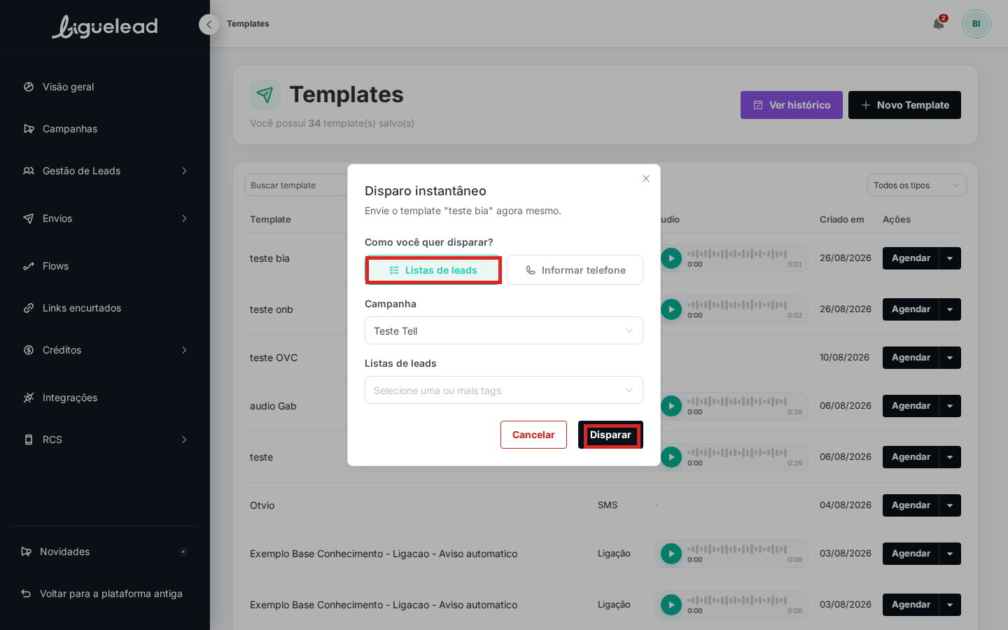 Modal Disparo instantâneo — modo Listas de leads, com Campanha e Listas de leads preenchidos e botão Disparar destacado