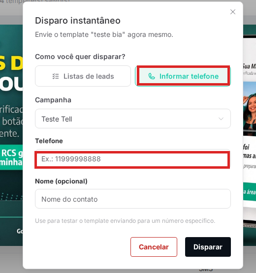 Modal Disparo instantâneo — modo Informar telefone, com os campos Telefone e Nome destacados