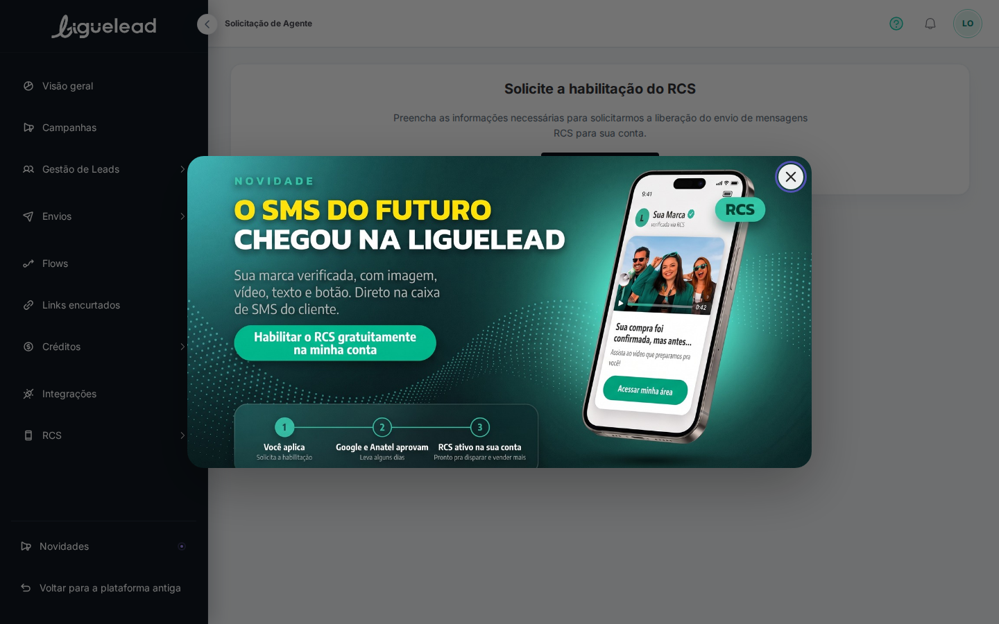 Tela inicial de Solicitação de Agente com o card "Solicite a habilitação do RCS"