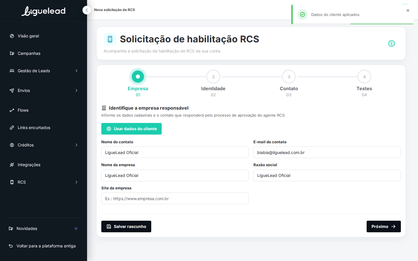 Etapa 1 preenchida via "Usar dados do cliente"
