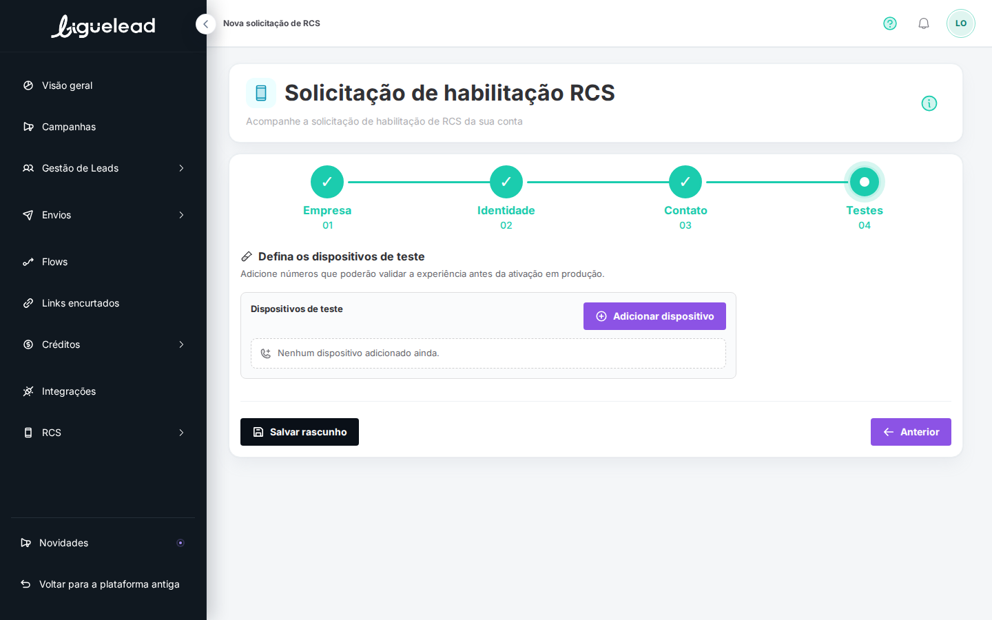 Etapa 4 na primeira vez que você chega — só "Salvar rascunho"