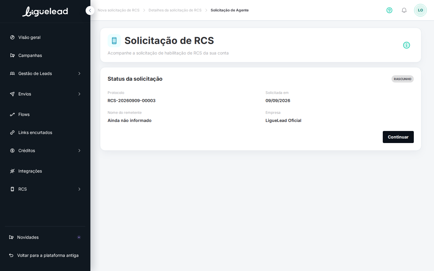 Lista mostrando a solicitação em rascunho com botão Continuar