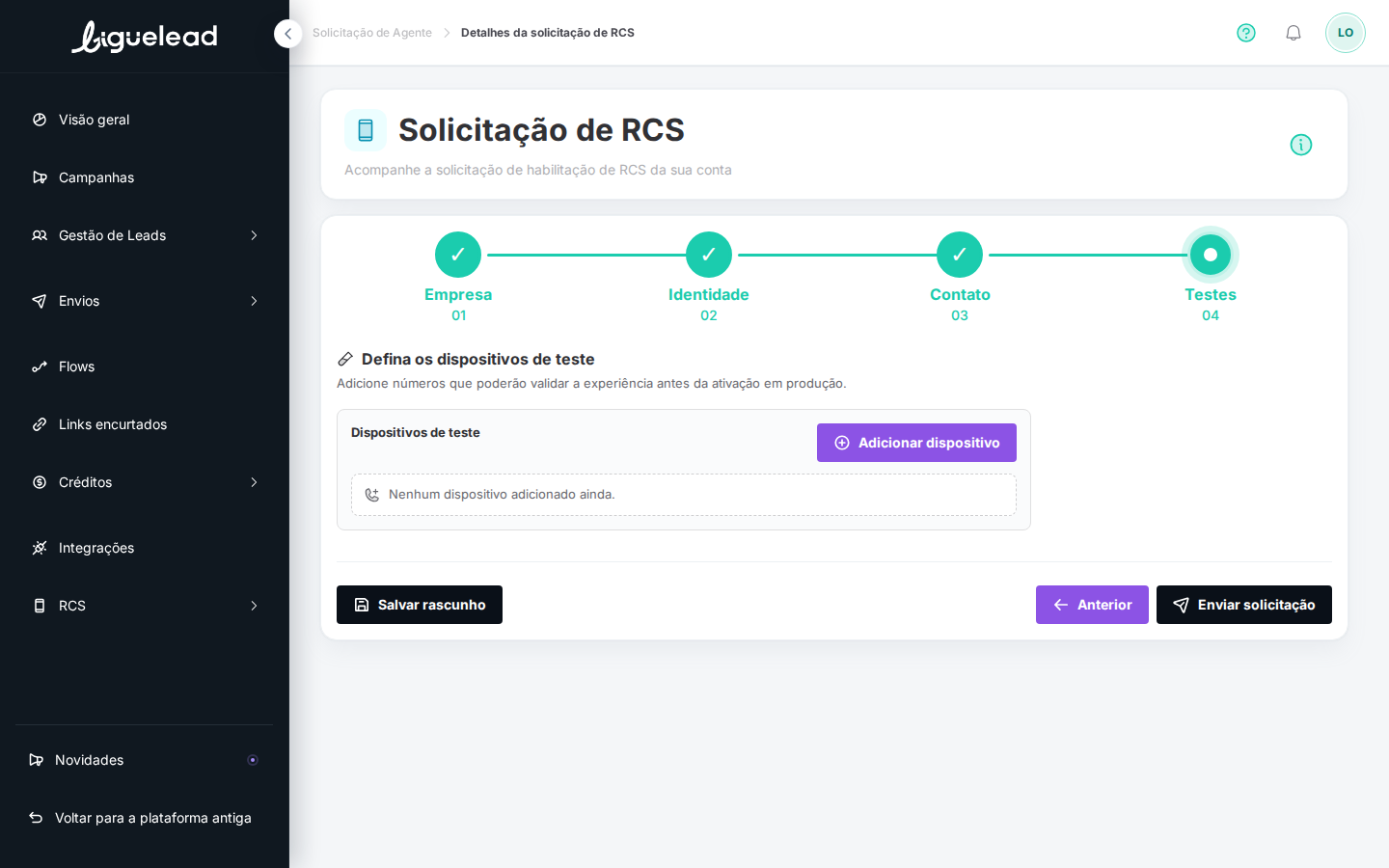 Etapa 4 depois do rascunho salvo, agora com botão "Enviar solicitação"