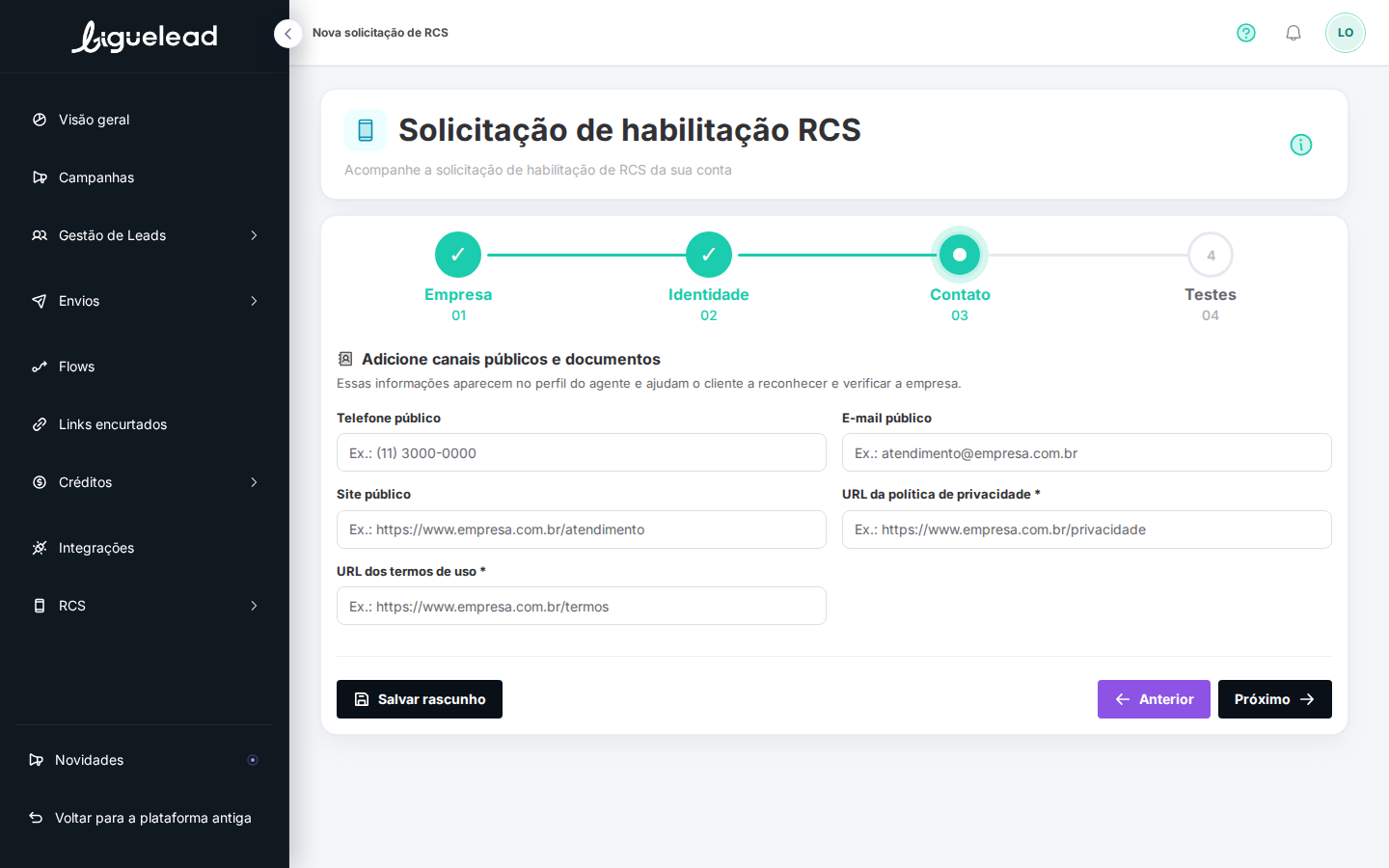 Etapa 3 com campos de contato público