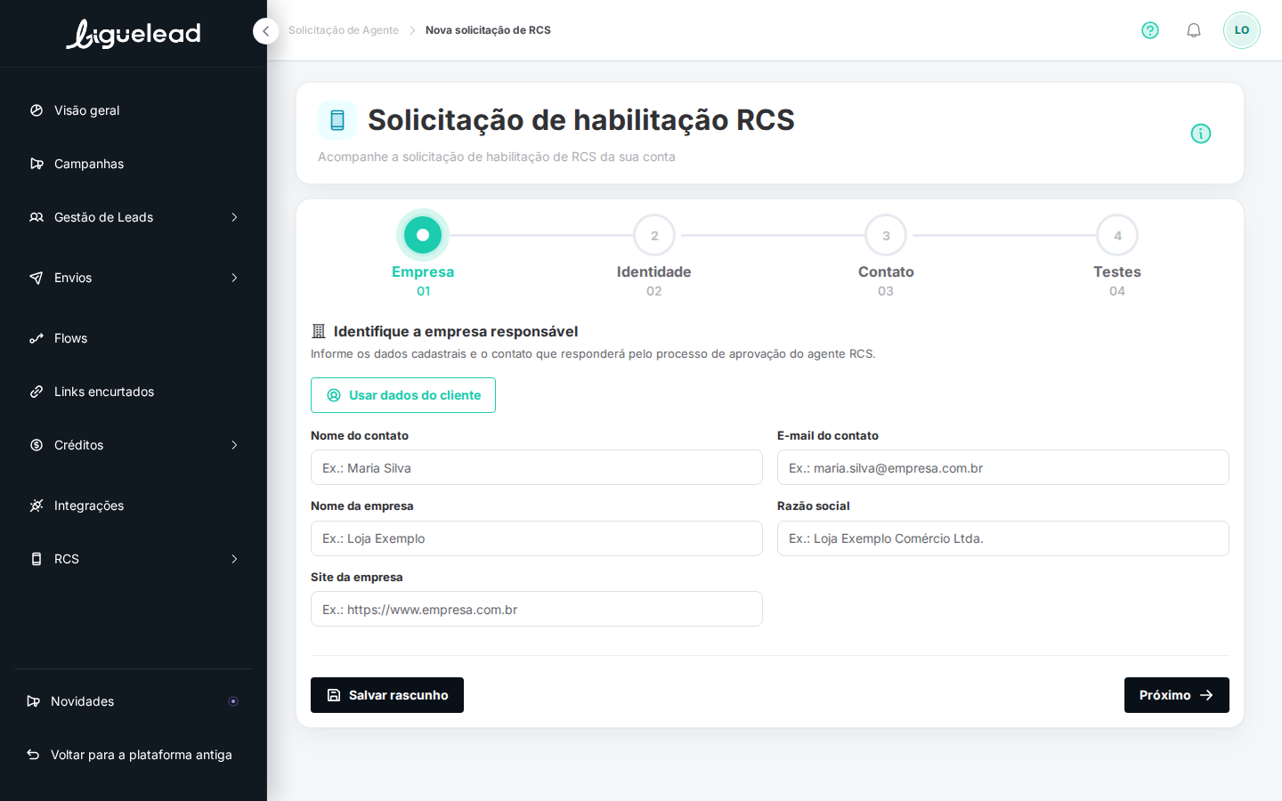 Etapa 1 vazia com botão Usar dados do cliente